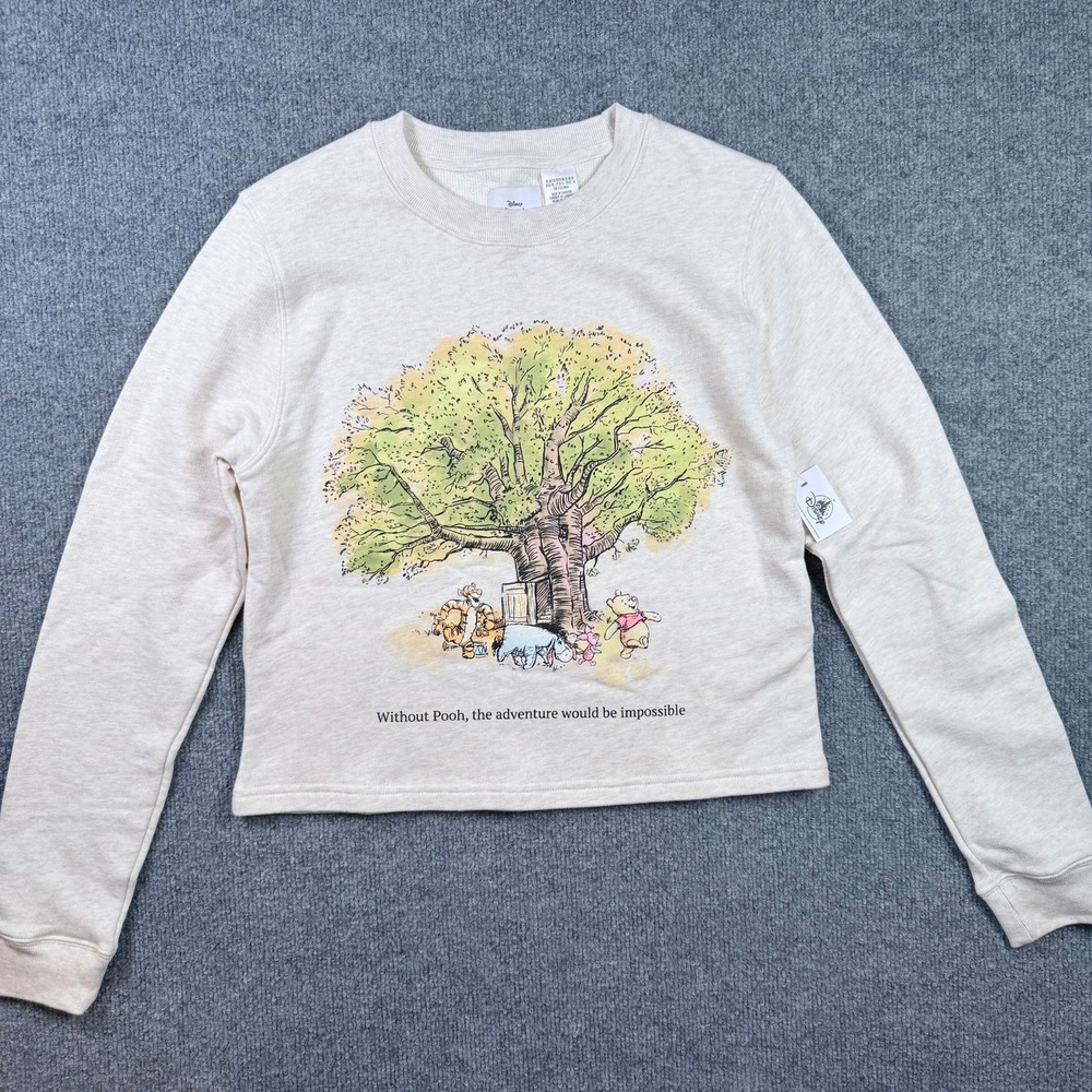 Disney Winnie the Pooh Cropped Sweatshirt Women XS Cream Graphic Pullover NEW